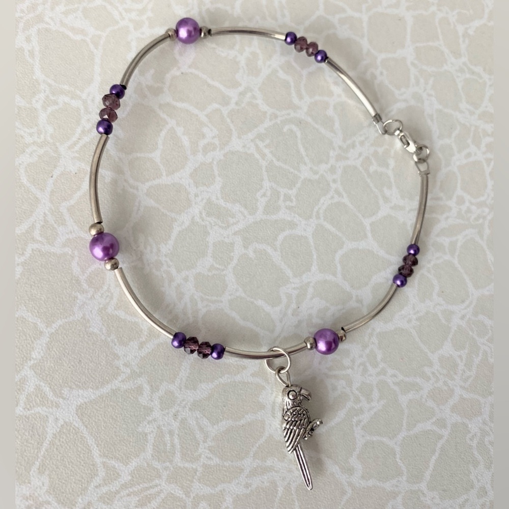 Purple Beaded Parrot Charm Anklet
